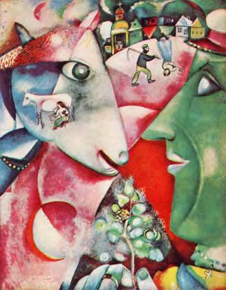 Chagall s style is often kaleidoscopic, with figures and images that occupy the picture plane in the manner of a collage, floating in space