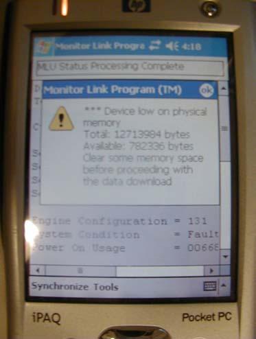 Figure 5-1B - Low Memory Warning At the end of the data retrieval process the MLP automatically displays in text form the lamp status to alert the user