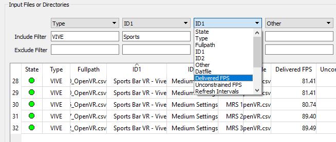 FCAT VR ANALYZER Data Region Click on a data row to select it, and click it again to deselect it.