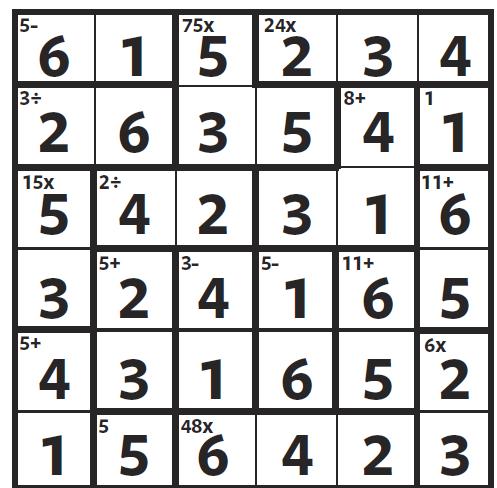 KenKen (Calcudoku) Each bold-outlined group of cells is a cage containing digits which achieve the specified result using the specified