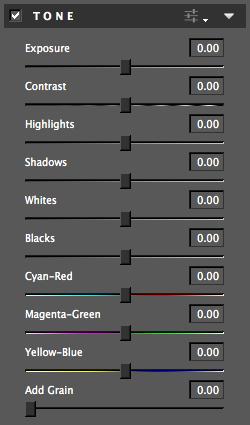 Settings & Parameters Tone The Tone tab gives you the controls to increase or decrease the brightness and contrast, as well as the creative options of changing the brightness of specific color ranges.