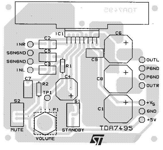 Figure 1a. Application Circuit. + INR INL C4 47µF C1 µf C2 47nF S_GND C3 47nF 11 1 5 SVR 7 3K 3K C5 nf Figure 1b. P.C.B. and Component Layout.