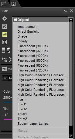 White Balance (RAW Images) Adjust white balance. The pull-down menu in the tool list offers a choice of preset values.