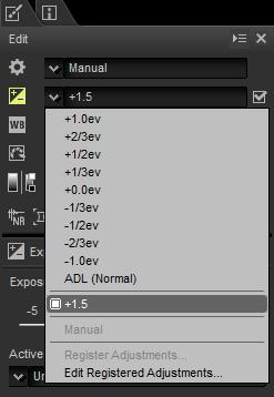Here we have set exposure compensation (page 20) to +1.50. 3 Enter a name for the new setting and click OK. In this example, we have named the setting +1.5. 2 Select Register Adjustments from the pull-down menu in the tool list.