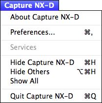 Menu Guide The Capture NX-D Menu (Mac Only) About Capture NX-D: Display the product version number. Preferences: Open the Capture NX-D preferences dialog (page 45).