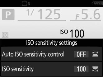 ISO sensitivity can be adjusted by pressing the W (S) button and rotating the main command dial until the desired setting is displayed.