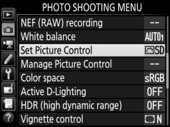 1 Select Set Picture Control. Highlight Set Picture Control in either of the shooting menus and press 2. 2 Select a Picture Control. Highlight a Picture Control and press J.