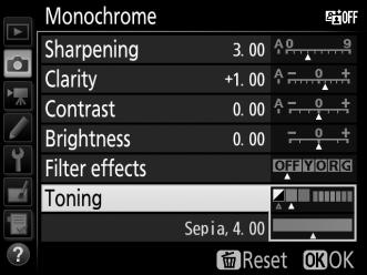 A Toning (Monochrome Only) Pressing 3 when Toning is selected displays saturation options. Press 4 or 2 to adjust saturation.