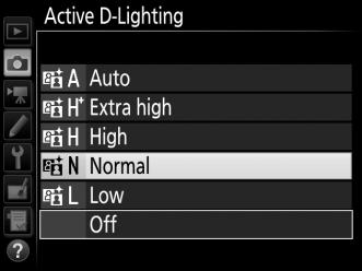 To use Active D-Lighting: 1 Select Active D-Lighting. Highlight Active D-Lighting in the photo shooting menu and press 2. 2 Choose an option. Highlight the desired option and press J.