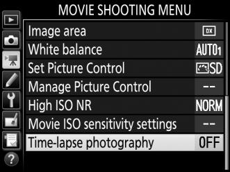 Time-Lapse Photography (i, j, P, S, A, M, and SCENE Modes Only) The camera automatically takes photos at selected intervals to create a silent time-lapse movie at the frame size and rate currently