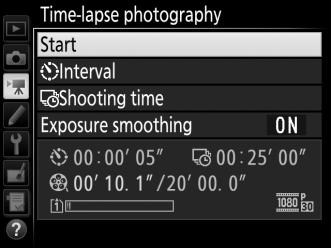 A Before Shooting Before beginning time-lapse photography, take a test shot at current settings (framing the photo in the viewfinder for an accurate exposure preview) and view the results in the