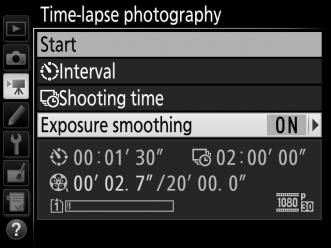 To enable or disable exposure smoothing: Highlight Exposure smoothing and press 2. Highlight an option and press J.
