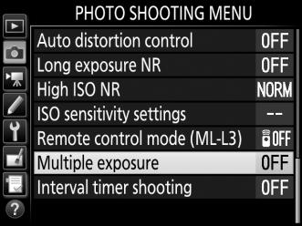 Multiple Exposure (P, S, A, and M Modes Only) Follow the steps below to record a series of two or three NEF (RAW) exposures in a single photograph.