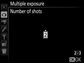 3 Choose the number of shots. Highlight Number of shots and press 2. Press 1 or 3 to choose the number of exposures that will be combined to form a single photograph and press J.