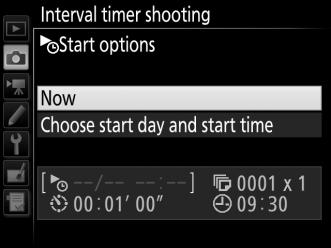 2 Adjust interval timer settings. Choose a start option, interval, number of shots per interval, and exposure smoothing option.