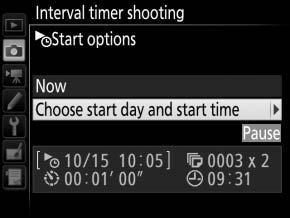 Pausing Interval Timer Photography Interval timer photography can be paused between intervals by pressing J or selecting Pause in the interval