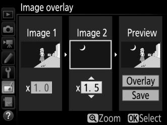 3 Select the second image. The selected image will appear as Image 1. Highlight Image 2 and press J, then select the second photo as described in Step 2. 4 Adjust gain.