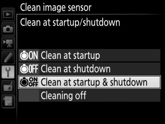 Clean at Startup/Shutdown Choose from the following options: Option 5 Clean at startup 6 Clean at shutdown Clean at startup & 7 shutdown Cleaning off Description The image sensor is automatically