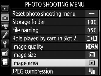 The image area can be selected using the Image area option in the shooting menus or by pressing a control and rotating a command dial. The Image Area Menu 1 Select Image area.