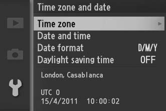 Time Zone and Date Change time zones, set the camera clock, choose the date display order, or turn daylight saving time on or off (0 18). Choose a time zone.