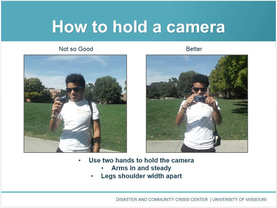 Discuss the proper physical stance for taking good photographs and keeping your camera safe.