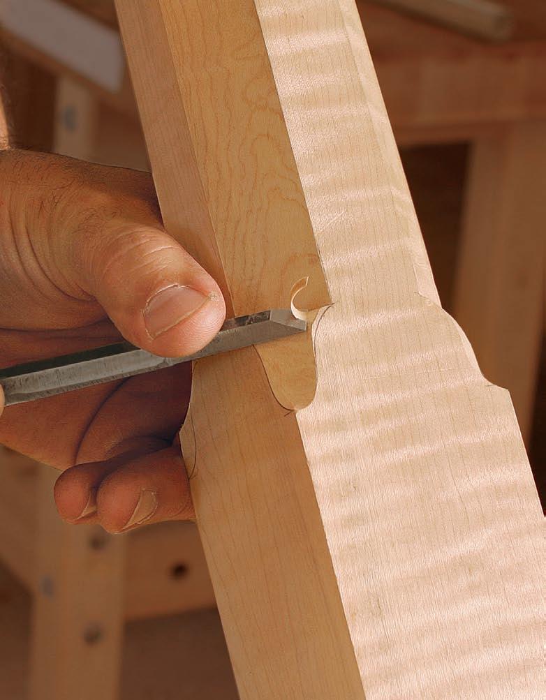 When laying out the joinery for the rails and headboard, the trick is to make sure that the mortises align perfectly from the straight to the tapered sections of the post.