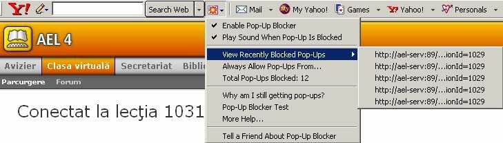 Figura 21. Afişare listă de URL-uri ale ferestrelor blocate Configurare pictogramă Descriere greşită Este activată procedura de blocare ferestre de tip pop-up.
