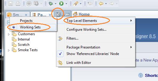 ) Once you've added the Package Explorer, be sure to set it to display your Working Sets so they have double-duty.