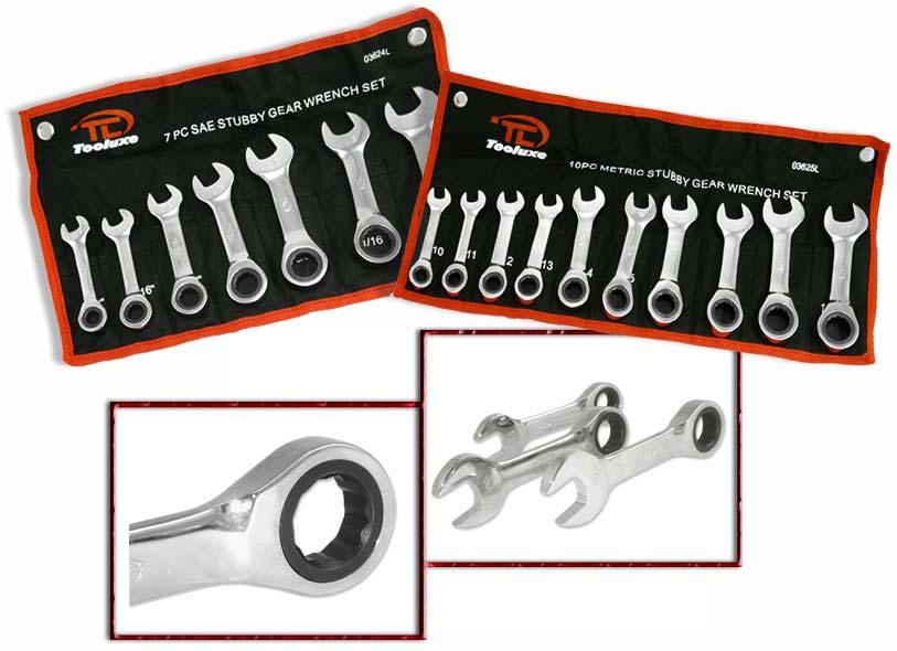 STUBBY GEAR WRENCH SET Gear wrenches are box & open wrenches with a thin, heavy duty ratchet system built into the boxed end side of the wrench.