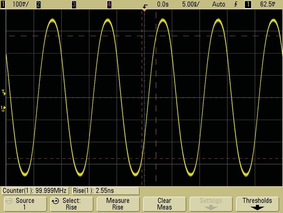 Digital Clock Measurement Comparisons Figure 3 shows the waveform results when measuring a 100-MHz digital clock signal with 500 ps edge speeds (10% to 90%) using an Agilent MSO7014B 100-MHz