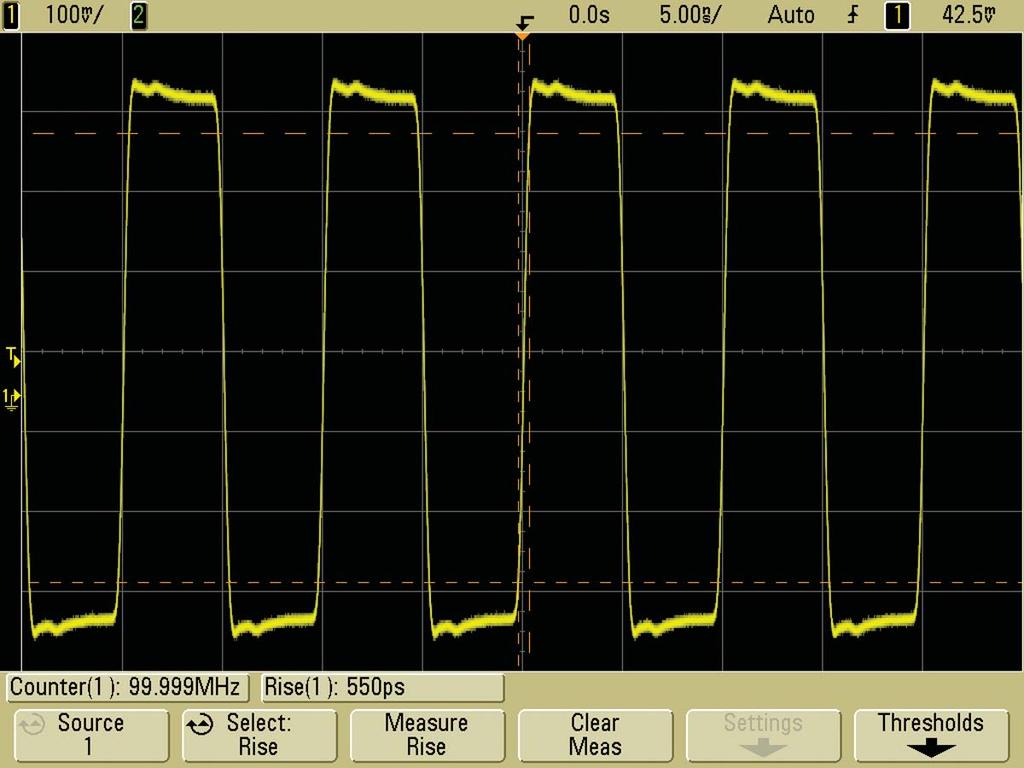 Digital Clock Measurement Comparisons (continued) With an Agilent 1-GHz MSO7104B bandwidth scope, we have a much more accurate picture of this signal, as shown in Figure 5.