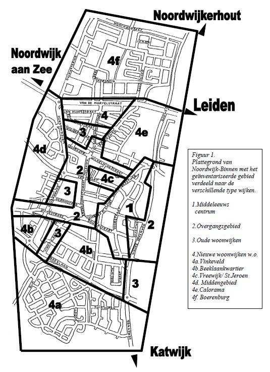 Figure 1. City map of Noordwijk-Binnen. The survey area was divided into; 1. Medieval centre 2. Transition area 3. Older residential area 4a-4f. New residential area.