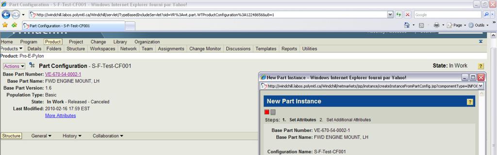 64 Figure A-7: Configuration methodology create instance The forward engine mount part configuration is a whole new object and its information page is displayed in figure A.7. The new part instance wizard is launched via the Actions menu on the left of the part configuration s icon.