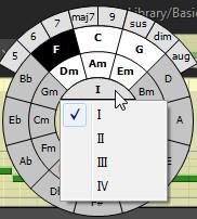 Double-clicking on a chord track will bring up the Chord Selector, based on the Circle of Fifths (alternatively right-click and select Insert chord in popup menu).