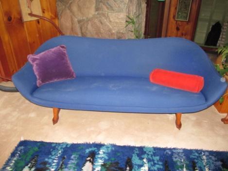 Lot # 22 Dark Blue Sofa with Teak Sleigh style