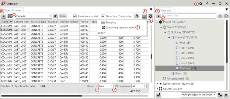 1.12 Improveme in Organizer The Organizer user interface has been improved in Tekla Structures 21.0. 1. The Settings button has a new location. 2. There is a new button that opens a menu for grouping, combining identical rows, and exporting options.