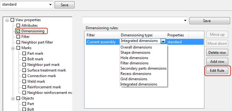 Select the desired row view and click View properties. 3. Click Dimensioning in the options tree. In Dimensioning rules, you can add rules by clicking Add row.