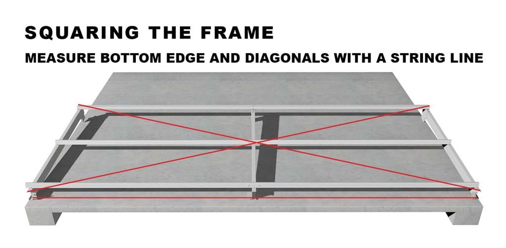 SQUARING THE FRAME Use a string line to make sure the bottoms of the columns are in a straight line. Measure the diagonals of the wall frame ensuring that both measurements are equal.
