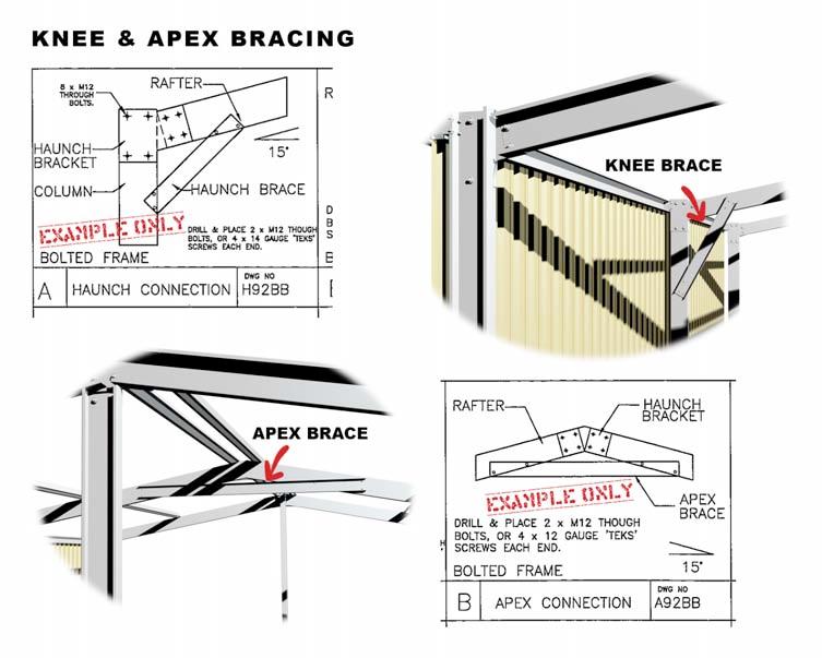 18. FIXING KNEE & APEX BRACES (IF REQUIRED SEE ENGINEERING PLANS) Fit any knee or apex braces as supplied. Refer to engineering plans for size, fitting location and fixing detail.