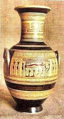 Greek funeral vase 780 BC The designs are arranged in horizontal bands.