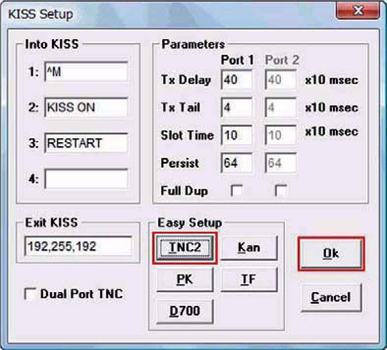 5 APRS SOFTWARE FOR YOUR PC Figure 5-4 KISS Setup Window 6. Click the OK button in the Comms Setup window to close the Comms Setup window.