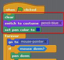 and adding this code to the pencil sprite: Finally, you need to tell your pencil sprite what costume and pencil colour to choose, as well as clearing the screen, when your project is started.