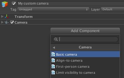 4.3. Adding custom cameras Although a variety of camera types are provided, it may be that you require or prefer to use other types - whether it be another camera asset from Unity s Asset Store, or