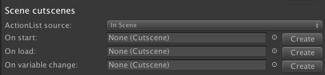 5.5. Cutscenes A Cutscene is an ActionList that can be run automatically when a scene begins, as well as by any other Action or ActionList.