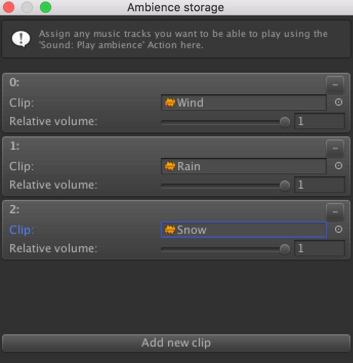 5.13. Ambience tracks Ambience tracks are similar to Music, in that they are played independently of scenes and GameObjects, and their playback states are saved automatically.