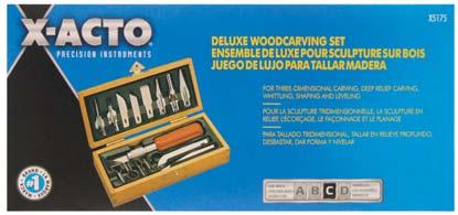 Featuring an attractive wooden chest for organized storage this set includes No 5 knife with No 24 deburring blade, No 18 heavy chiseling blade, No 19 angled chiseling blade, No 22 curved carving
