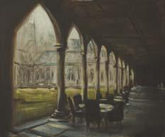 He works on two key paintings: a Lincolnshire landscape overlooking the cathedral and the arching cloisters inside it.