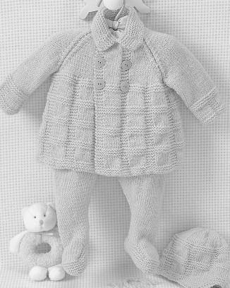 3. Pram Set to Knit Intermediate Sizes Finished chest measurement: 3 mos 25 ins [63.5 cm ] 6 mos 27 " [68.