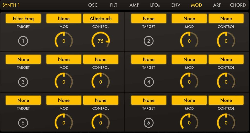MOD Select up to six target parameters per synth to modulate. Each of the six cells of the Modulation Matrix represents a target-modulator signal pairing.