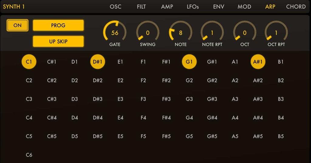 ARP o ON: Turn the arpeggiator on or off. o MODE: Select the mode of operation for the arp. In LIVE mode, the arp will step through the notes currently pressed on the keyboard.